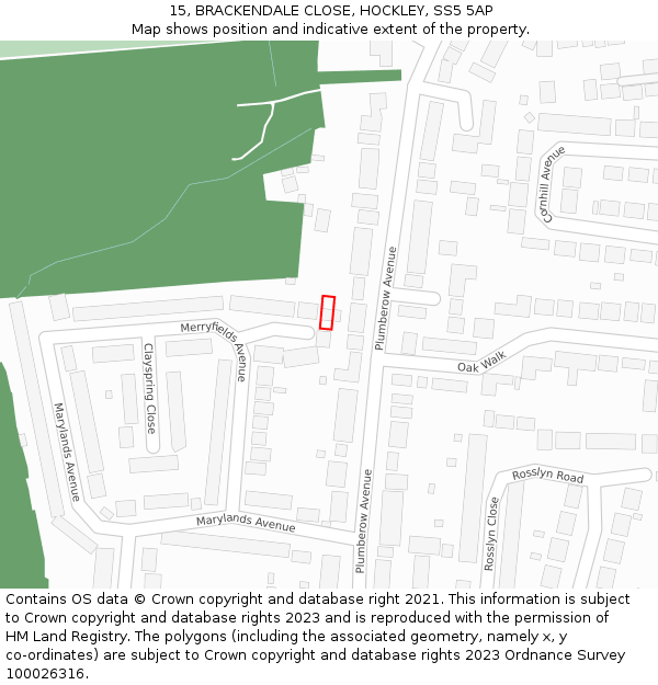 15, BRACKENDALE CLOSE, HOCKLEY, SS5 5AP: Location map and indicative extent of plot