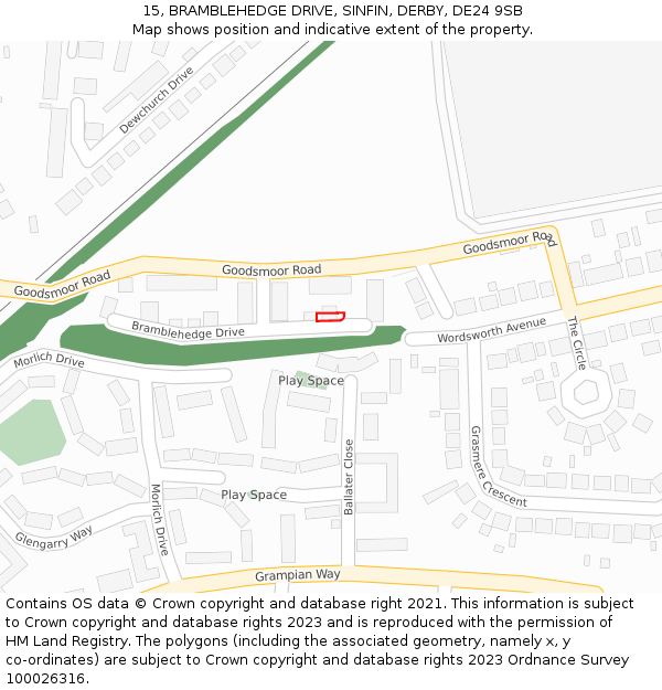 15, BRAMBLEHEDGE DRIVE, SINFIN, DERBY, DE24 9SB: Location map and indicative extent of plot