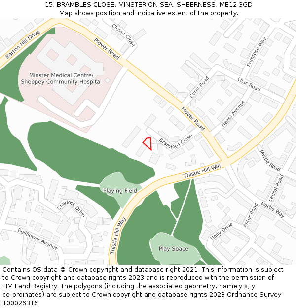 15, BRAMBLES CLOSE, MINSTER ON SEA, SHEERNESS, ME12 3GD: Location map and indicative extent of plot