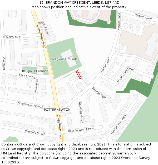 15, BRANDON WAY CRESCENT, LEEDS, LS7 4AD: Location map and indicative extent of plot