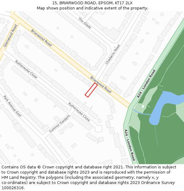 15, BRIARWOOD ROAD, EPSOM, KT17 2LX: Location map and indicative extent of plot