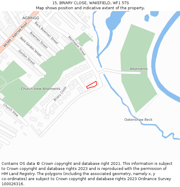 15, BRIARY CLOSE, WAKEFIELD, WF1 5TS: Location map and indicative extent of plot