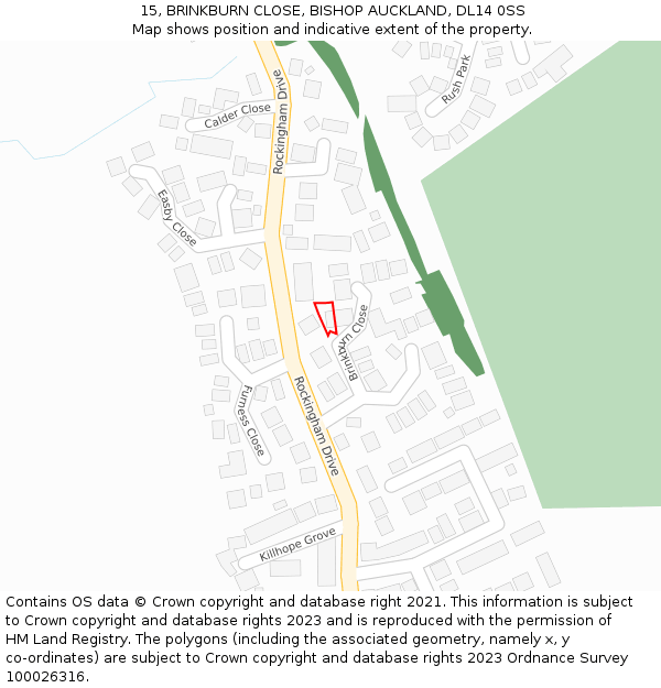 15, BRINKBURN CLOSE, BISHOP AUCKLAND, DL14 0SS: Location map and indicative extent of plot