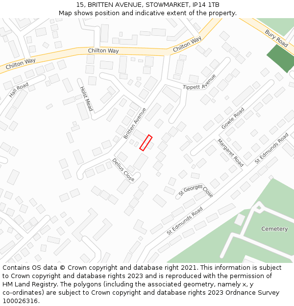 15, BRITTEN AVENUE, STOWMARKET, IP14 1TB: Location map and indicative extent of plot