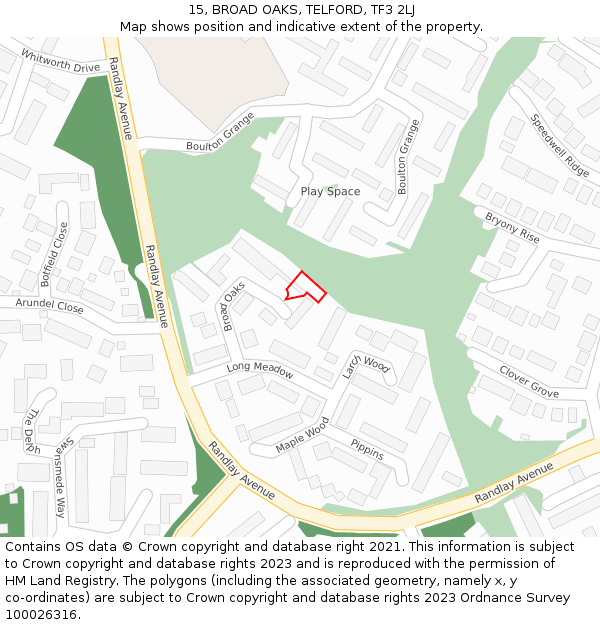 15, BROAD OAKS, TELFORD, TF3 2LJ: Location map and indicative extent of plot