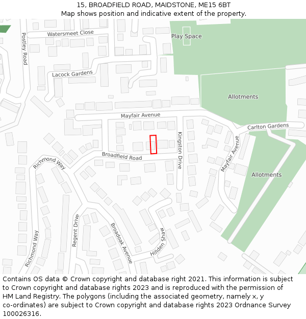 15, BROADFIELD ROAD, MAIDSTONE, ME15 6BT: Location map and indicative extent of plot