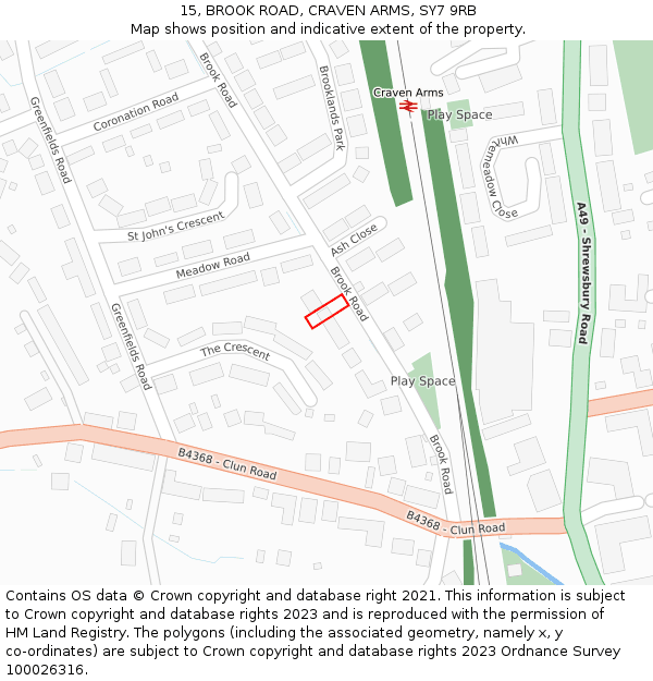 15, BROOK ROAD, CRAVEN ARMS, SY7 9RB: Location map and indicative extent of plot