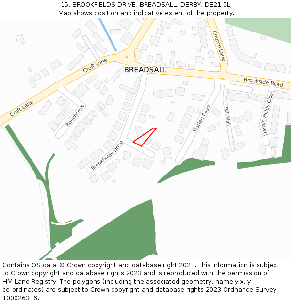 15, BROOKFIELDS DRIVE, BREADSALL, DERBY, DE21 5LJ: Location map and indicative extent of plot