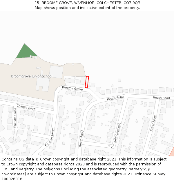 15, BROOME GROVE, WIVENHOE, COLCHESTER, CO7 9QB: Location map and indicative extent of plot