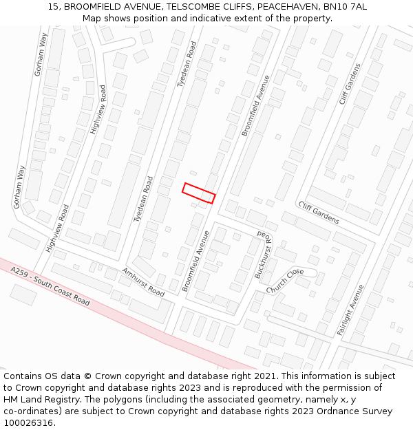 15, BROOMFIELD AVENUE, TELSCOMBE CLIFFS, PEACEHAVEN, BN10 7AL: Location map and indicative extent of plot