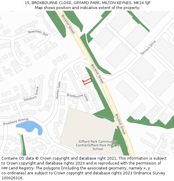 15, BROXBOURNE CLOSE, GIFFARD PARK, MILTON KEYNES, MK14 5JP: Location map and indicative extent of plot