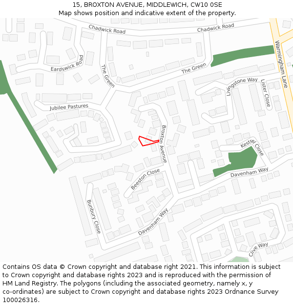 15, BROXTON AVENUE, MIDDLEWICH, CW10 0SE: Location map and indicative extent of plot