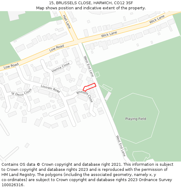 15, BRUSSELS CLOSE, HARWICH, CO12 3SF: Location map and indicative extent of plot