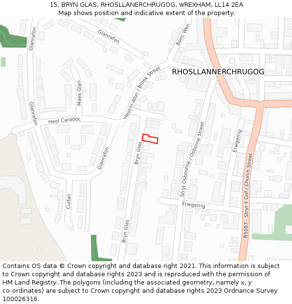 15, BRYN GLAS, RHOSLLANERCHRUGOG, WREXHAM, LL14 2EA: Location map and indicative extent of plot