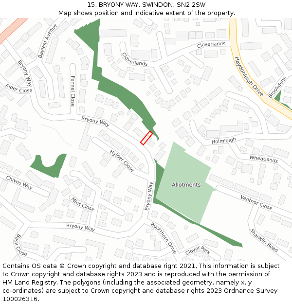 15, BRYONY WAY, SWINDON, SN2 2SW: Location map and indicative extent of plot