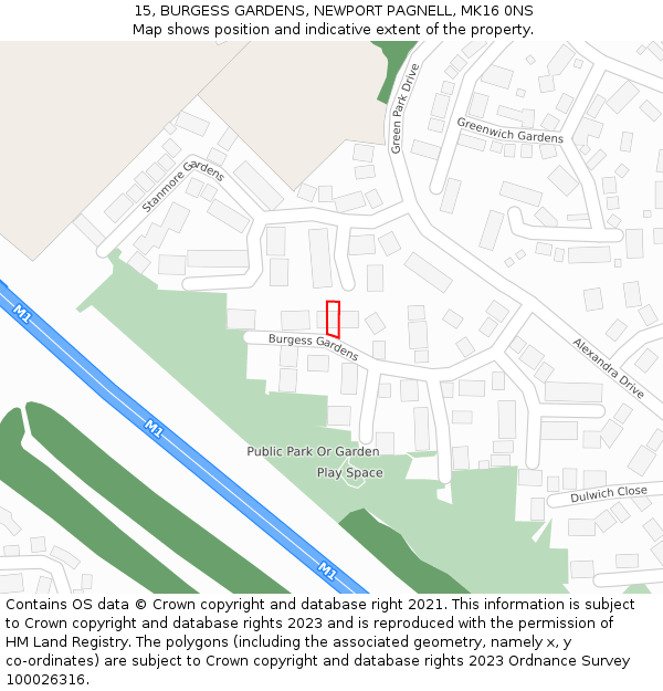 15, BURGESS GARDENS, NEWPORT PAGNELL, MK16 0NS: Location map and indicative extent of plot