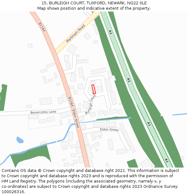 15, BURLEIGH COURT, TUXFORD, NEWARK, NG22 0LE: Location map and indicative extent of plot