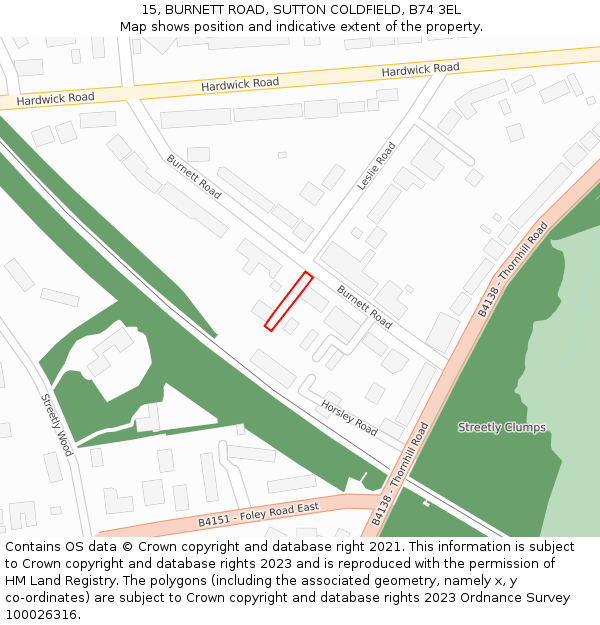 15, BURNETT ROAD, SUTTON COLDFIELD, B74 3EL: Location map and indicative extent of plot