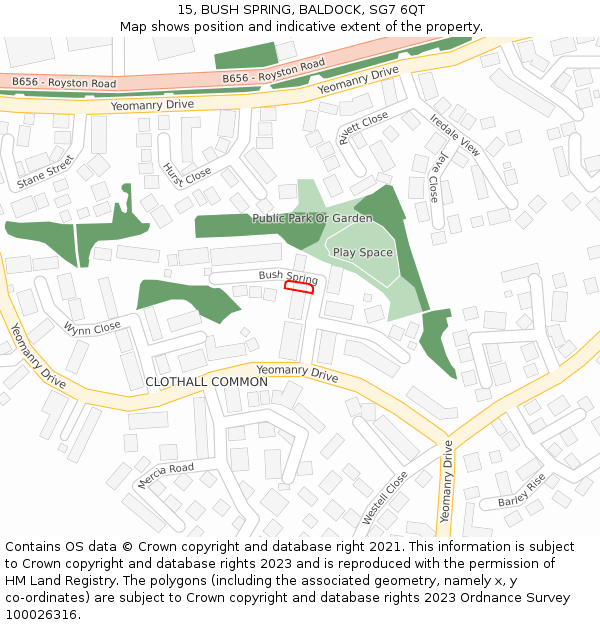 15, BUSH SPRING, BALDOCK, SG7 6QT: Location map and indicative extent of plot