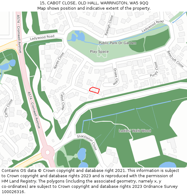 15, CABOT CLOSE, OLD HALL, WARRINGTON, WA5 9QQ: Location map and indicative extent of plot