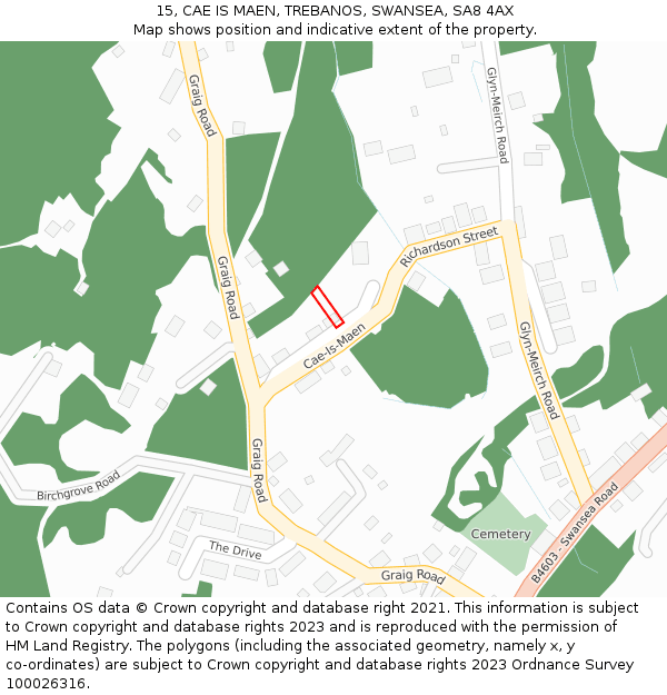 15, CAE IS MAEN, TREBANOS, SWANSEA, SA8 4AX: Location map and indicative extent of plot