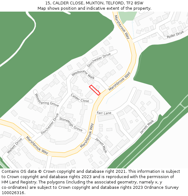 15, CALDER CLOSE, MUXTON, TELFORD, TF2 8SW: Location map and indicative extent of plot
