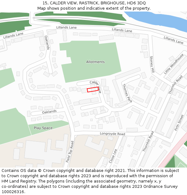 15, CALDER VIEW, RASTRICK, BRIGHOUSE, HD6 3DQ: Location map and indicative extent of plot