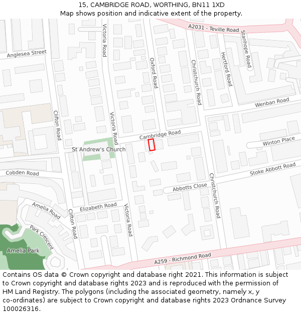15, CAMBRIDGE ROAD, WORTHING, BN11 1XD: Location map and indicative extent of plot