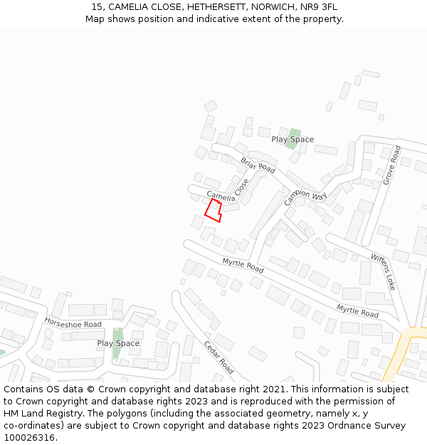 15, CAMELIA CLOSE, HETHERSETT, NORWICH, NR9 3FL: Location map and indicative extent of plot