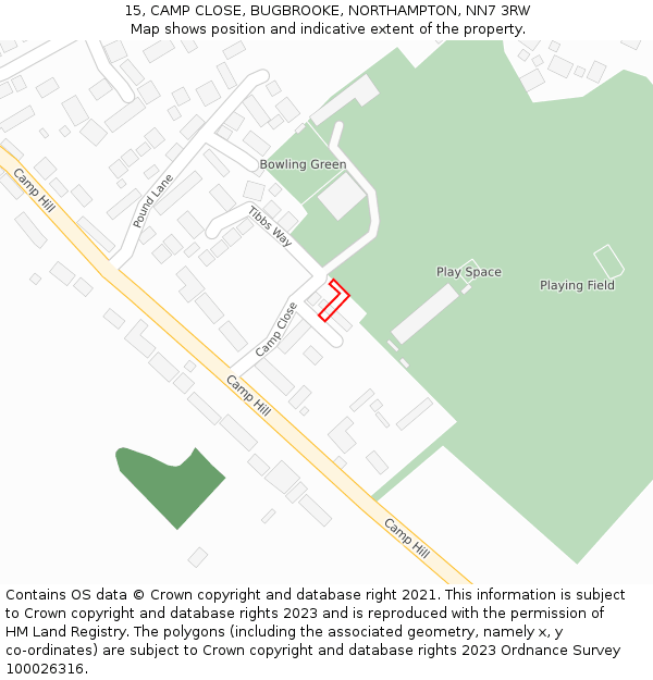 15, CAMP CLOSE, BUGBROOKE, NORTHAMPTON, NN7 3RW: Location map and indicative extent of plot