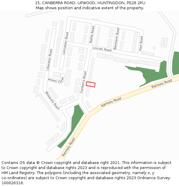 15, CANBERRA ROAD, UPWOOD, HUNTINGDON, PE26 2PU: Location map and indicative extent of plot