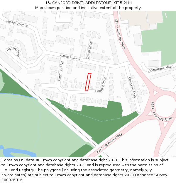 15, CANFORD DRIVE, ADDLESTONE, KT15 2HH: Location map and indicative extent of plot