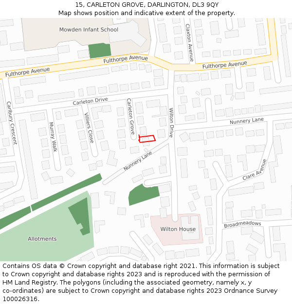 15, CARLETON GROVE, DARLINGTON, DL3 9QY: Location map and indicative extent of plot