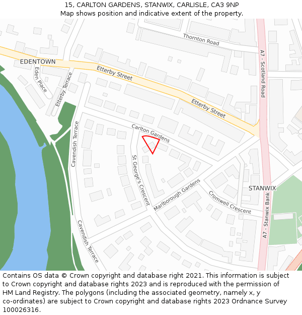 15, CARLTON GARDENS, STANWIX, CARLISLE, CA3 9NP: Location map and indicative extent of plot