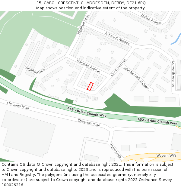 15, CAROL CRESCENT, CHADDESDEN, DERBY, DE21 6PQ: Location map and indicative extent of plot
