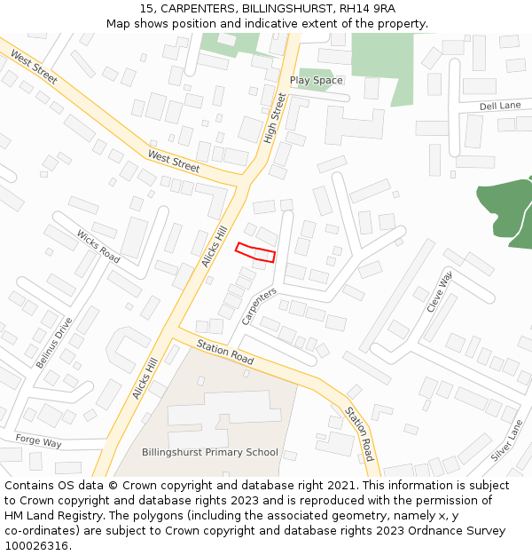 15, CARPENTERS, BILLINGSHURST, RH14 9RA: Location map and indicative extent of plot