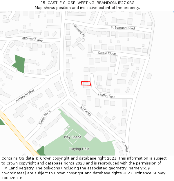 15, CASTLE CLOSE, WEETING, BRANDON, IP27 0RG: Location map and indicative extent of plot