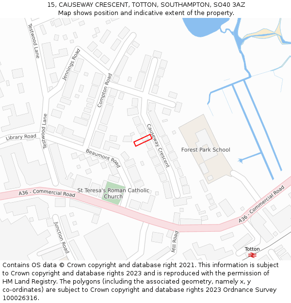 15, CAUSEWAY CRESCENT, TOTTON, SOUTHAMPTON, SO40 3AZ: Location map and indicative extent of plot