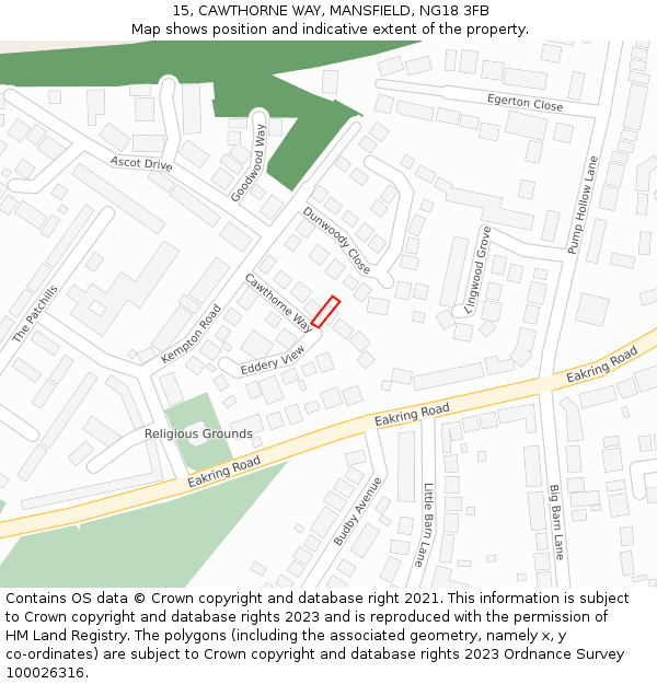15, CAWTHORNE WAY, MANSFIELD, NG18 3FB: Location map and indicative extent of plot