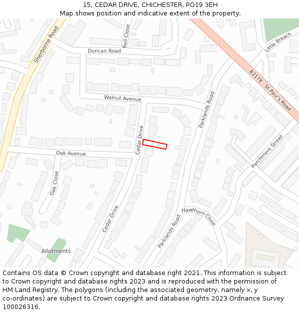 15, CEDAR DRIVE, CHICHESTER, PO19 3EH: Location map and indicative extent of plot