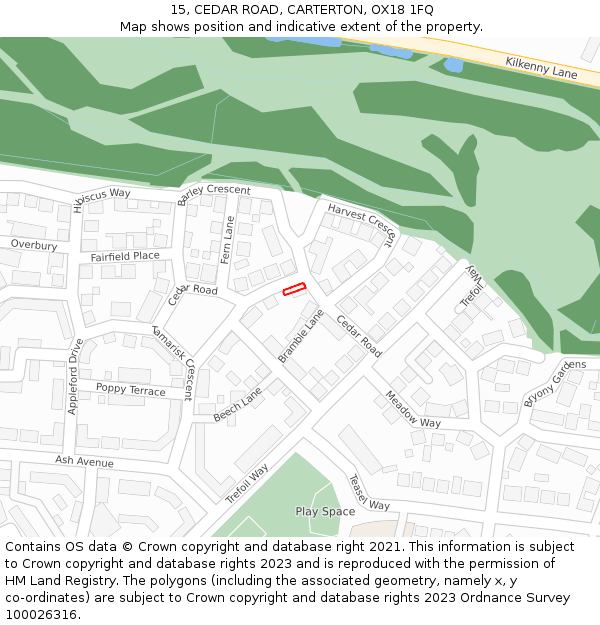 15, CEDAR ROAD, CARTERTON, OX18 1FQ: Location map and indicative extent of plot