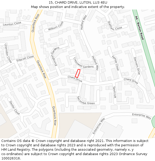 15, CHARD DRIVE, LUTON, LU3 4EU: Location map and indicative extent of plot