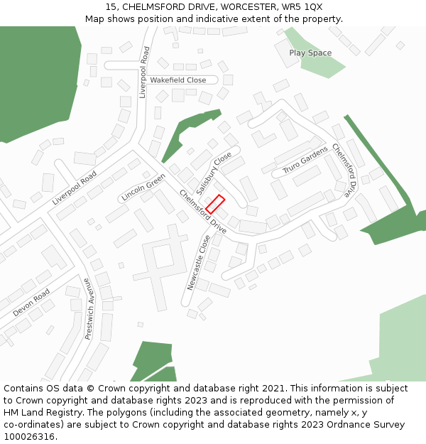 15, CHELMSFORD DRIVE, WORCESTER, WR5 1QX: Location map and indicative extent of plot