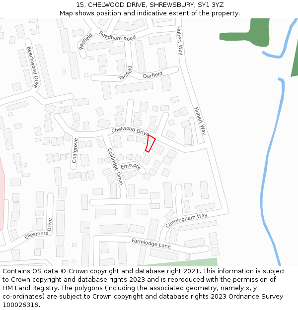 15, CHELWOOD DRIVE, SHREWSBURY, SY1 3YZ: Location map and indicative extent of plot