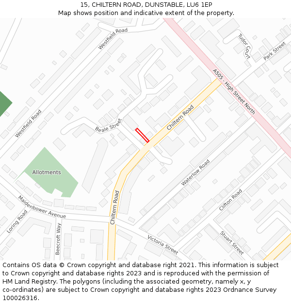 15, CHILTERN ROAD, DUNSTABLE, LU6 1EP: Location map and indicative extent of plot