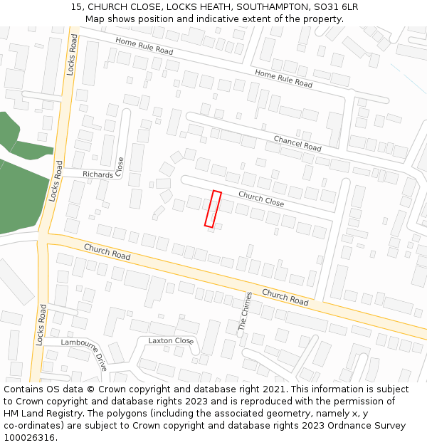 15, CHURCH CLOSE, LOCKS HEATH, SOUTHAMPTON, SO31 6LR: Location map and indicative extent of plot