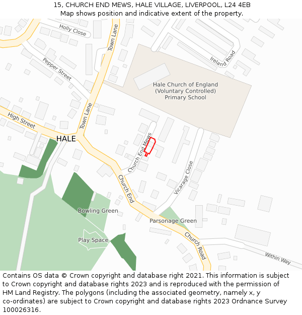 15, CHURCH END MEWS, HALE VILLAGE, LIVERPOOL, L24 4EB: Location map and indicative extent of plot