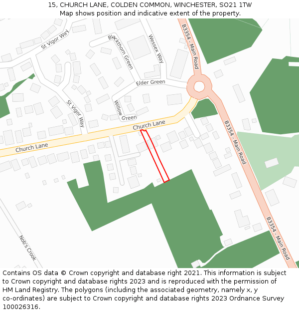 15, CHURCH LANE, COLDEN COMMON, WINCHESTER, SO21 1TW: Location map and indicative extent of plot