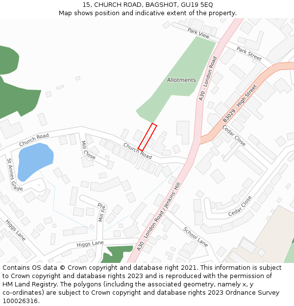 15, CHURCH ROAD, BAGSHOT, GU19 5EQ: Location map and indicative extent of plot