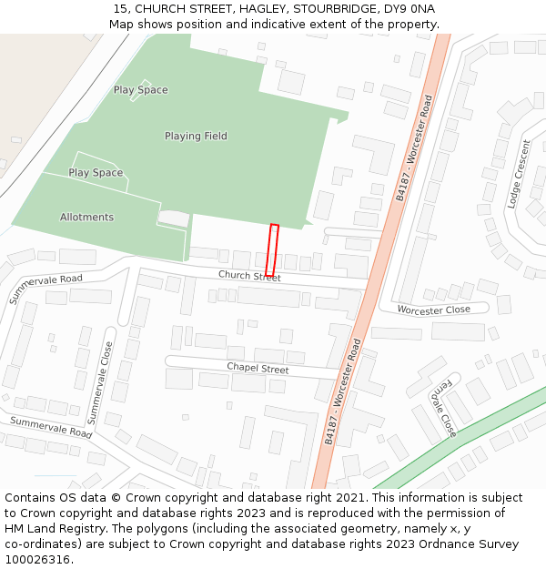 15, CHURCH STREET, HAGLEY, STOURBRIDGE, DY9 0NA: Location map and indicative extent of plot